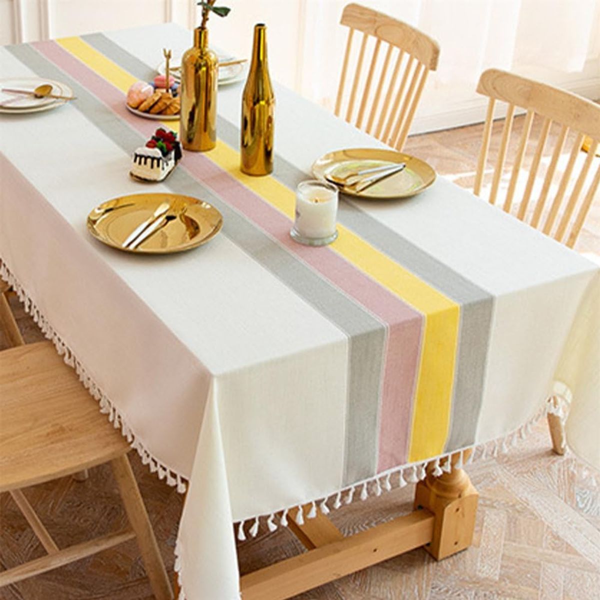 PUREPOWER - Mantel Lino Rectangular con Flecos Multicolor 140x220cm