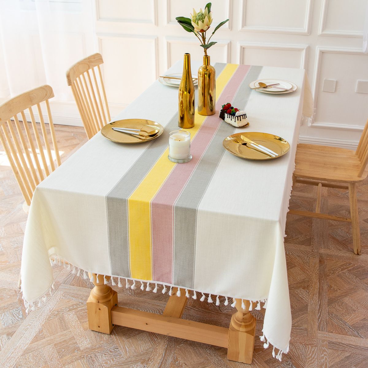 PUREPOWER - Mantel Lino Rectangular con Flecos Multicolor 140x220cm