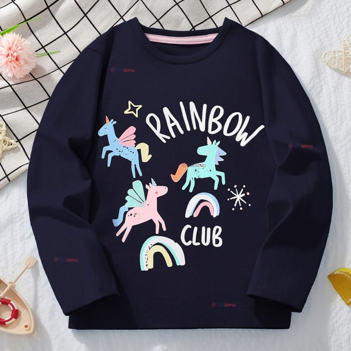 JUMP KIDS - Polera Algodón Manga Larga Niña Camiseta Negro Unicornios