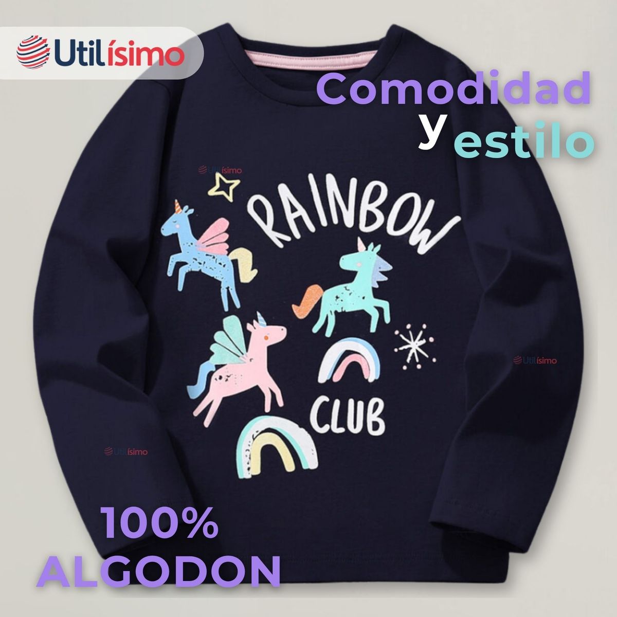 JUMP KIDS - Polera Algodón Manga Larga Niña Camiseta Negro Unicornios