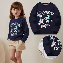 JUMP KIDS - Polera Algodón Manga Larga Niña Camiseta Negro Unicornios