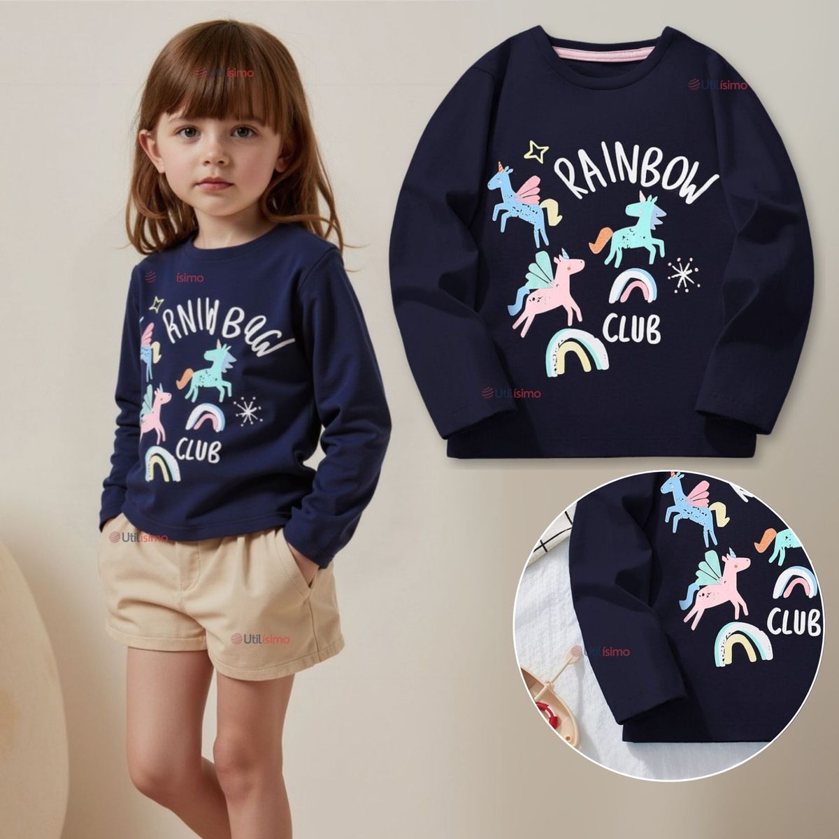 JUMP KIDS - Polera Algodón Manga Larga Niña Camiseta Negro Unicornios