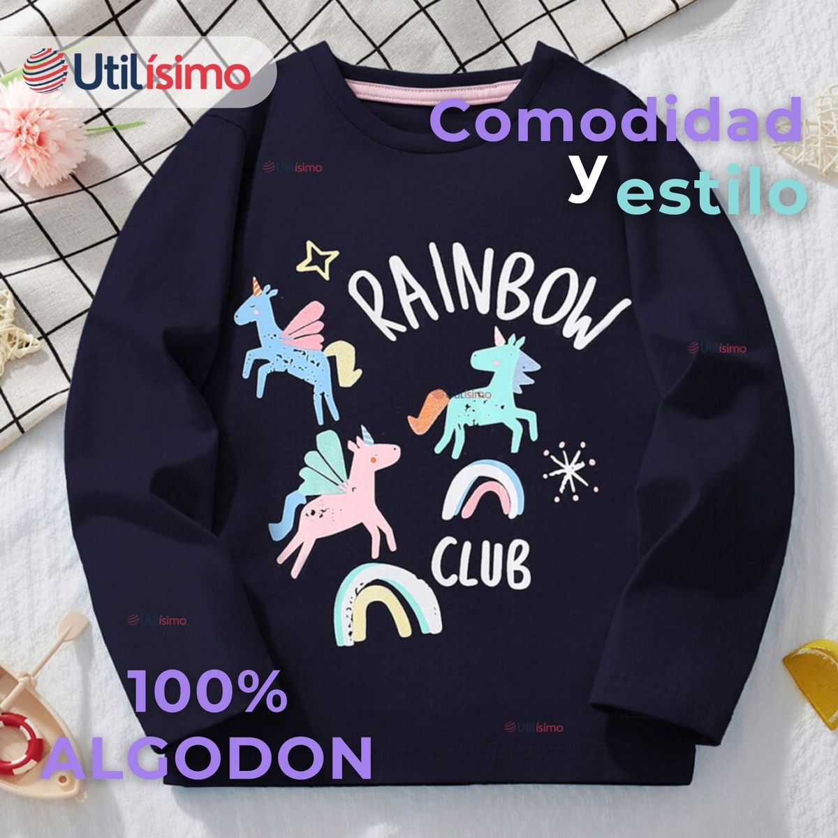 JUMP KIDS - Polera Algodón Manga Larga Niña Camiseta Negro Unicornios