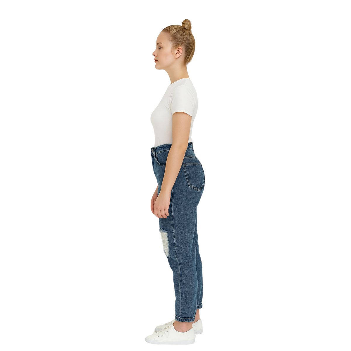 D'JOE - Jeans Pantalón Mom Tiro Alto Rasgado Azul Clásico Mujer