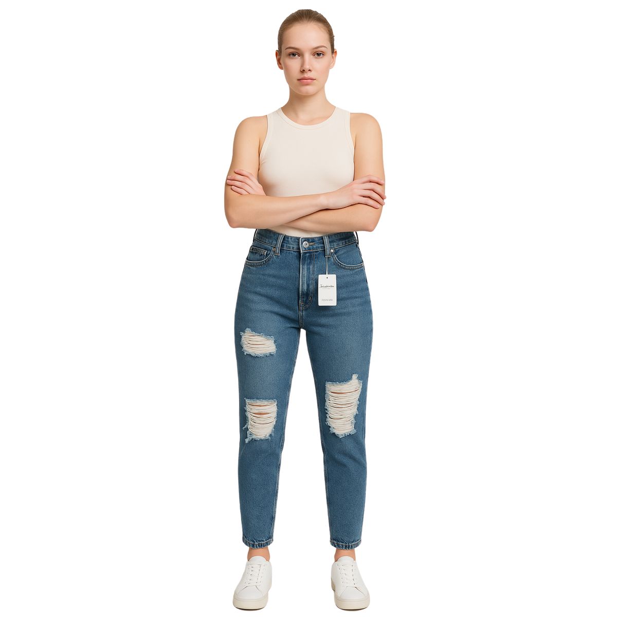 D'JOE - Jeans Pantalón Mom Tiro Alto Rasgado Azul Clásico Mujer