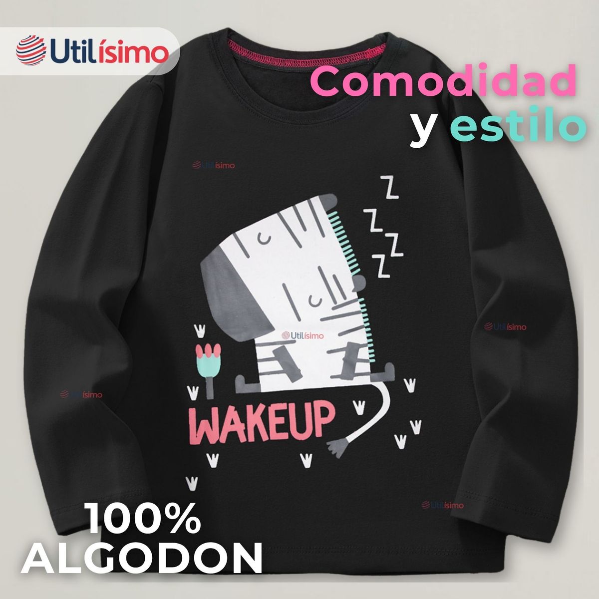 JUMP KIDS - Polera Algodón Manga Larga Niña Camiseta Cebra Negro