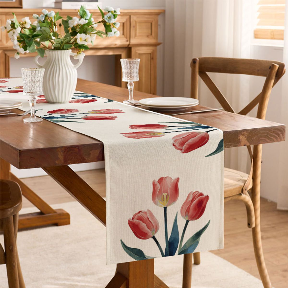 PUREPOWER - Runner Tulipanes Lino - Decoración Bodas Hogar Flores Rojas Primavera