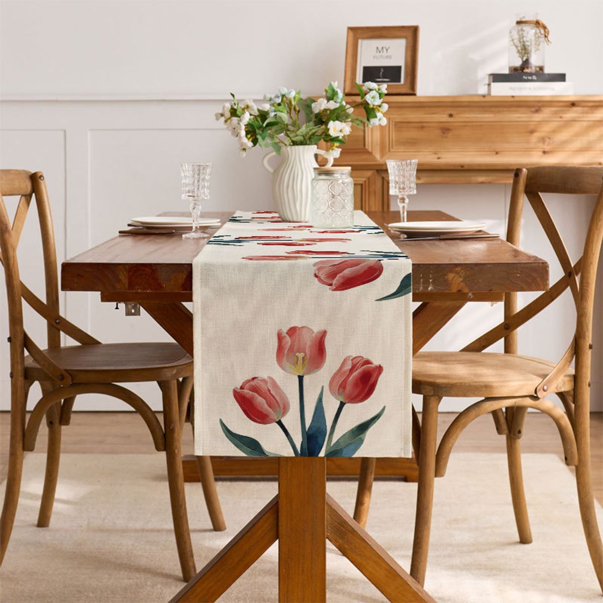 PUREPOWER - Runner Tulipanes Lino - Decoración Bodas Hogar Flores Rojas Primavera