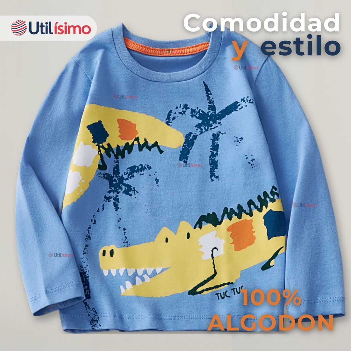 JUMP KIDS - Polera Algodón Manga Larga Niño Camiseta Cocodrilo Azul