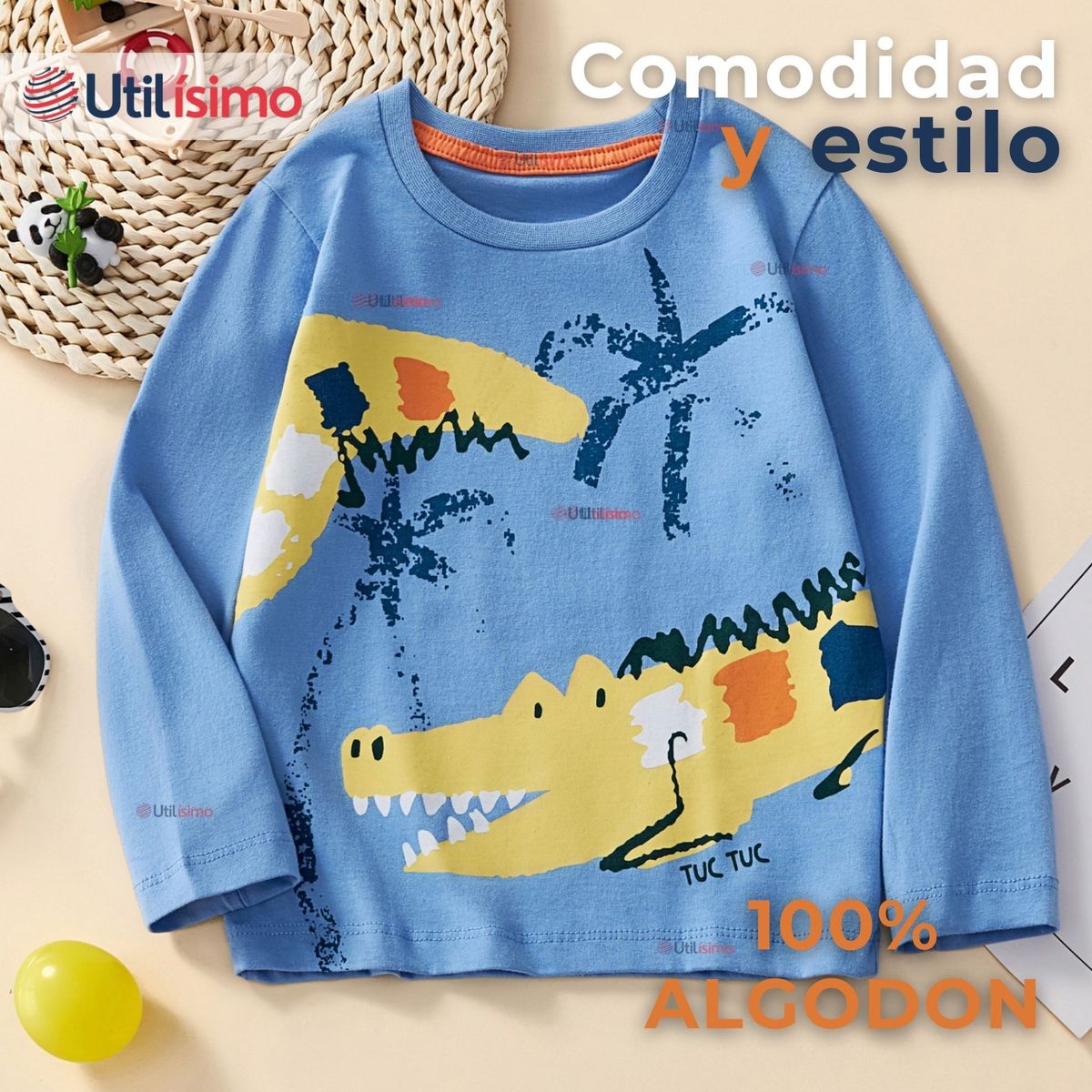 JUMP KIDS - Polera Algodón Manga Larga Niño Camiseta Cocodrilo Azul