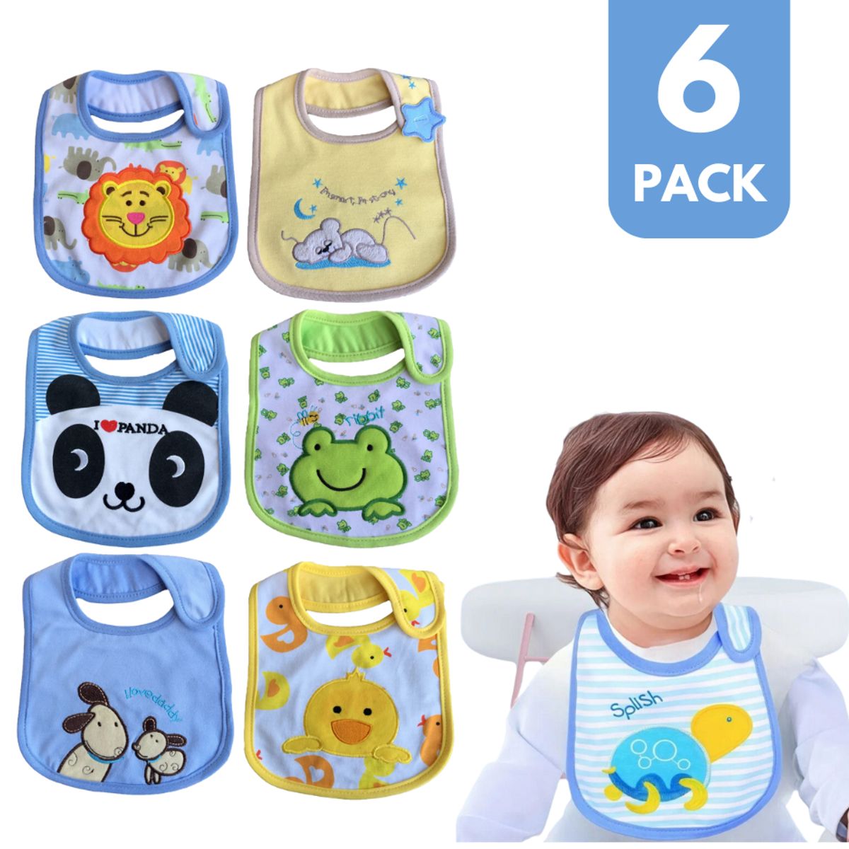 GARSIL - Pack 6 Baberos Algodón Bordado Impermeable doble capa Bebe Niño Niña