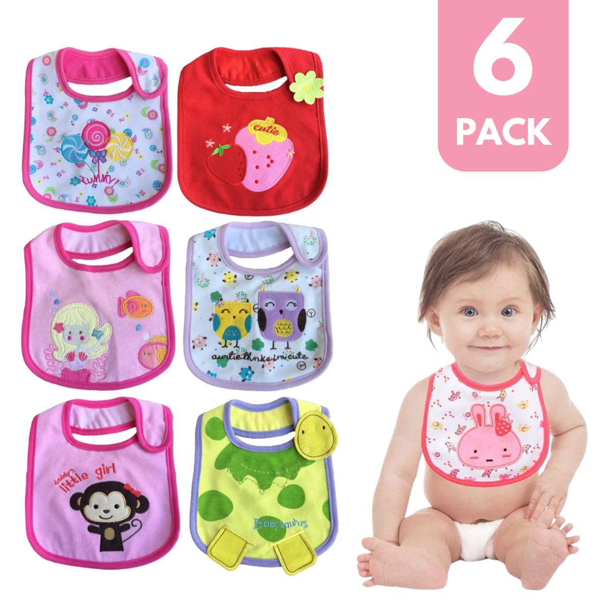 GARSIL - Pack 6 Baberos Algodón Bordado Impermeable doble capa Bebe Niño Niña