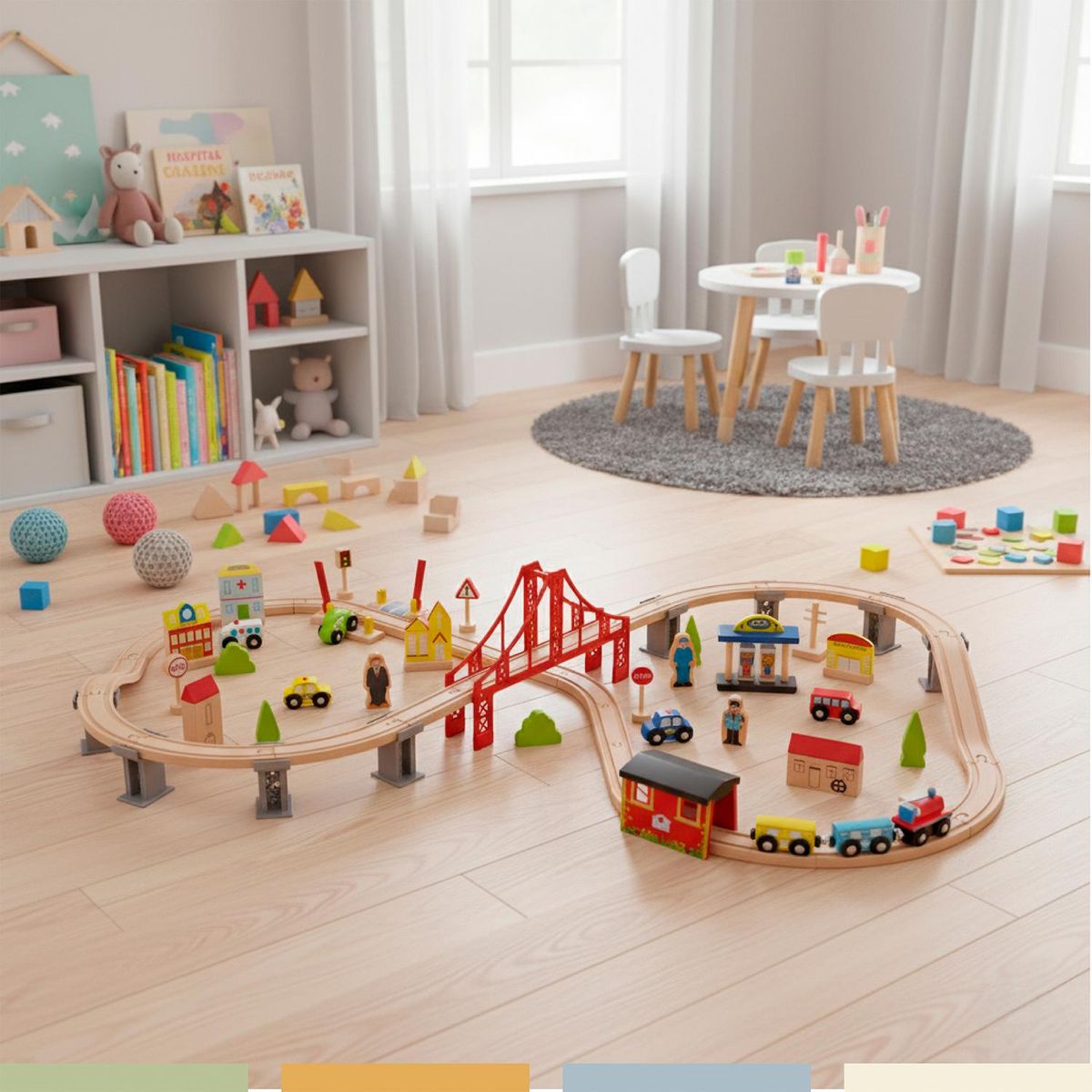BANDU - Pista de Autos y Tren de Madera Juego Didactico 70pcs Bandú