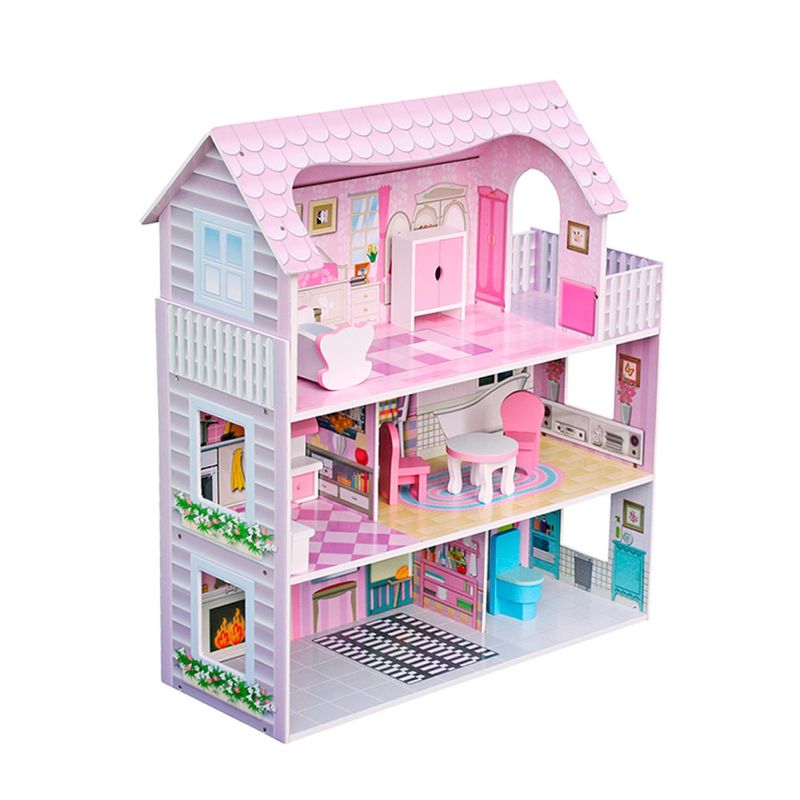 BANDU - Casa De Muñecas Clásica Madera Rosada Con Accesorios Bandú