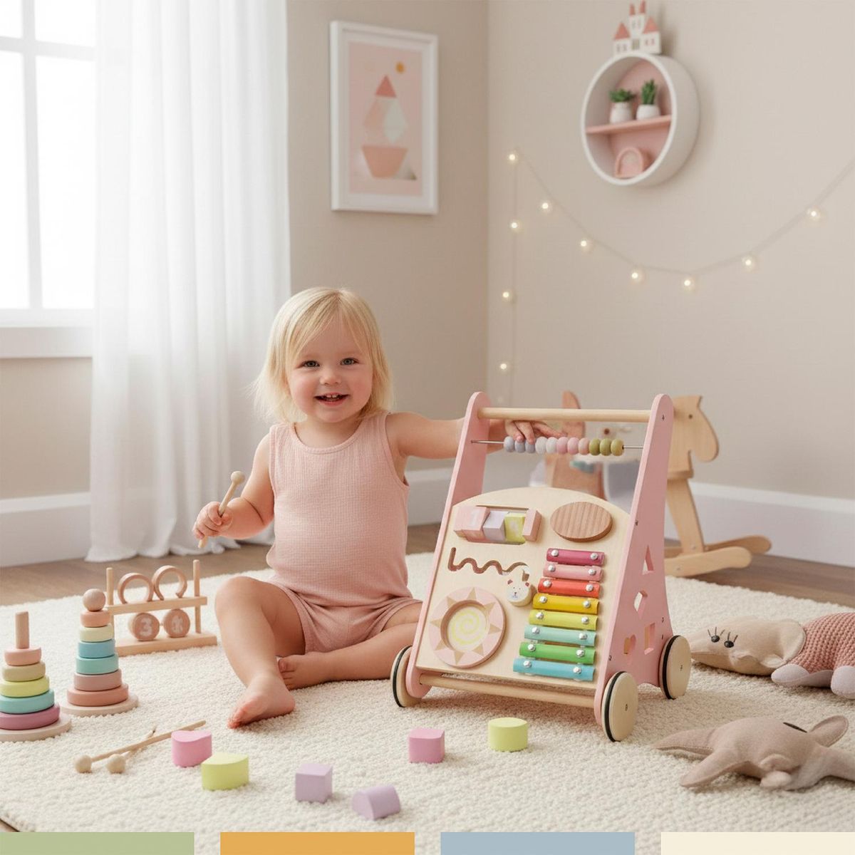 BANDU - Andador Correpasillos Bebe Didáctico Madera Bandú - Rosa