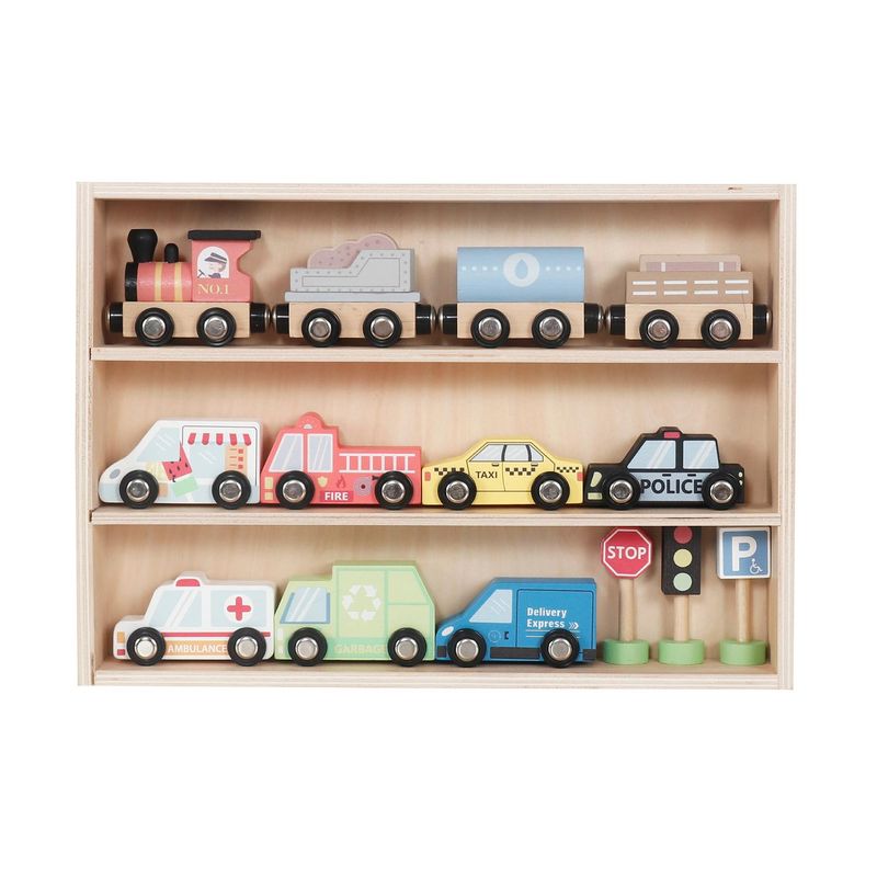 BANDU - Set Autos de Juguete Tren Pista y Señaleticas Madera Bandú
