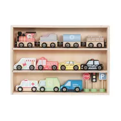 BANDU - Set Autos de Juguete Tren Pista y Señaleticas Madera Bandú