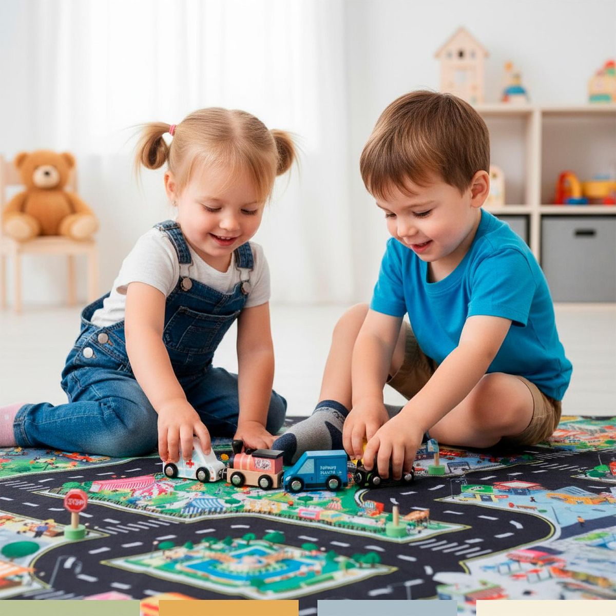 BANDU - Set Autos de Juguete Tren Pista y Señaleticas Madera Bandú