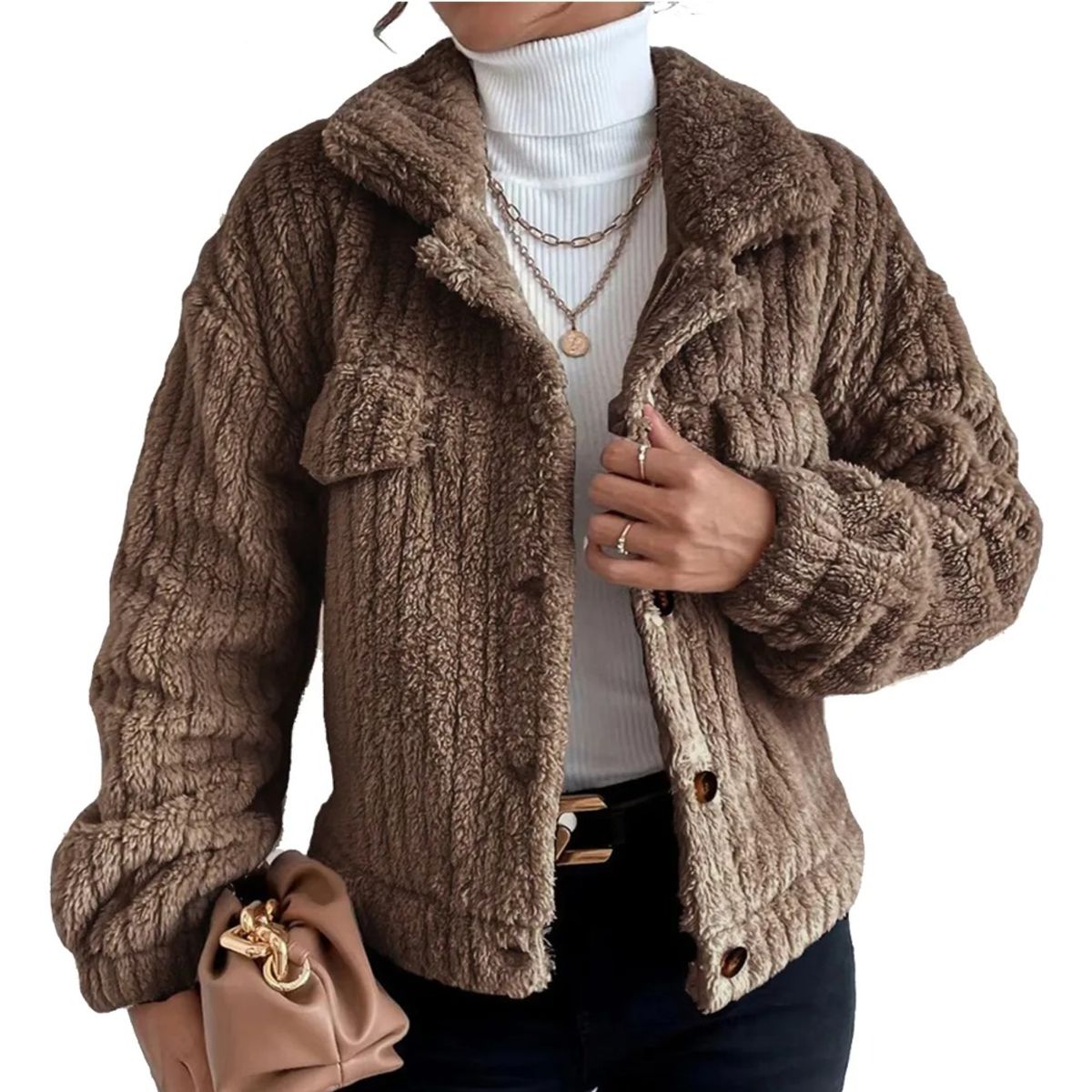 GIOIO - Chamarra Abrigos Corta De Mujer Con Solapa De Felpa A Rayas