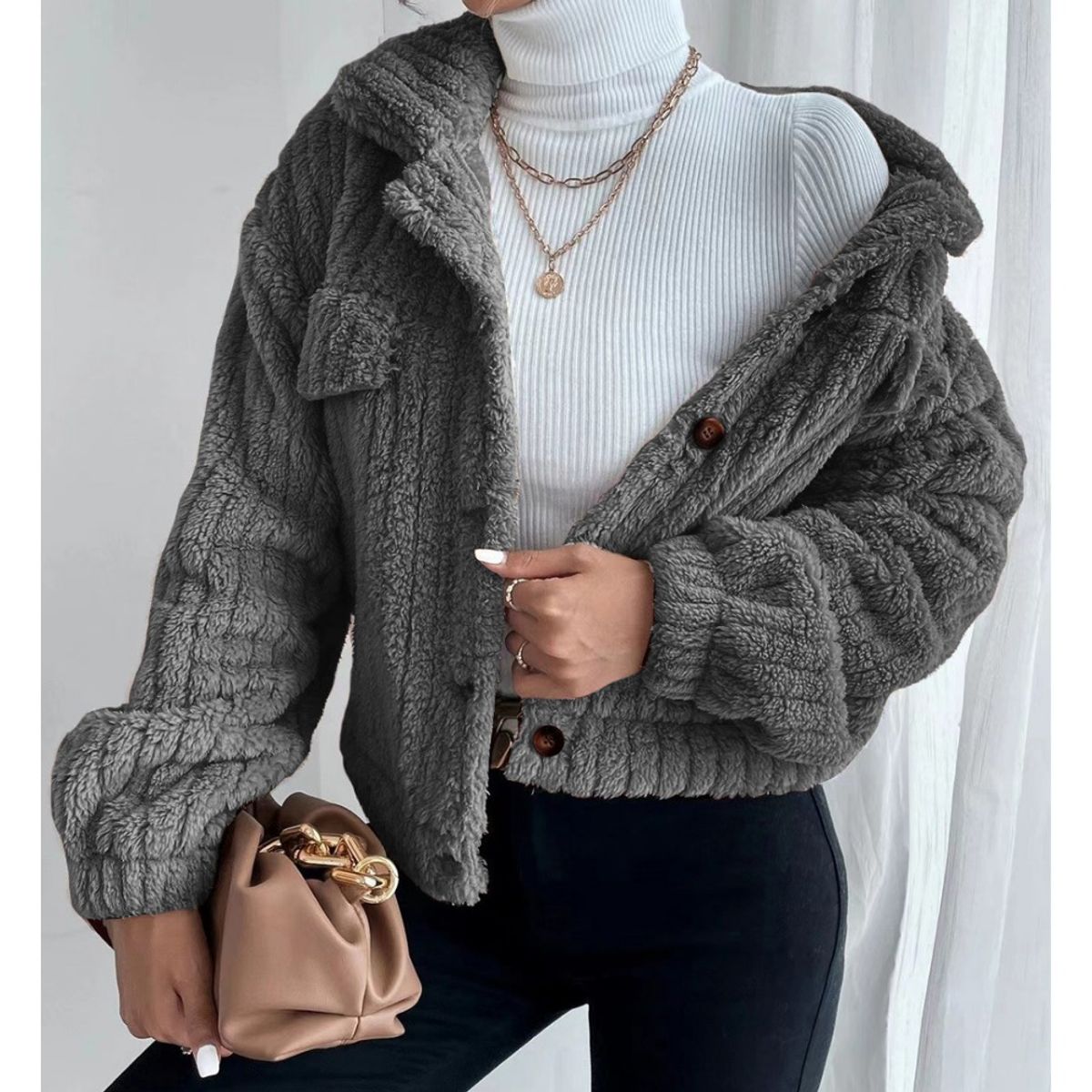 GIOIO - Chamarra Abrigos Corta De Mujer Con Solapa De Felpa A Rayas