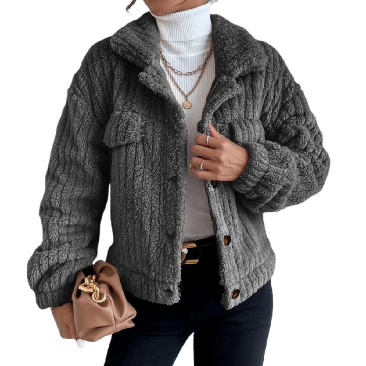 GIOIO - Chamarra Abrigos Corta De Mujer Con Solapa De Felpa A Rayas