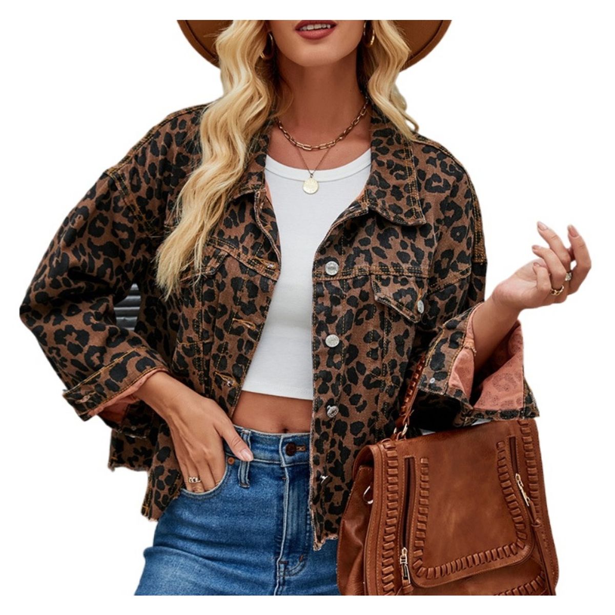 GIOIO - Chaqueta Corta Mujer Leopardo Jean Ajustada de Moda​