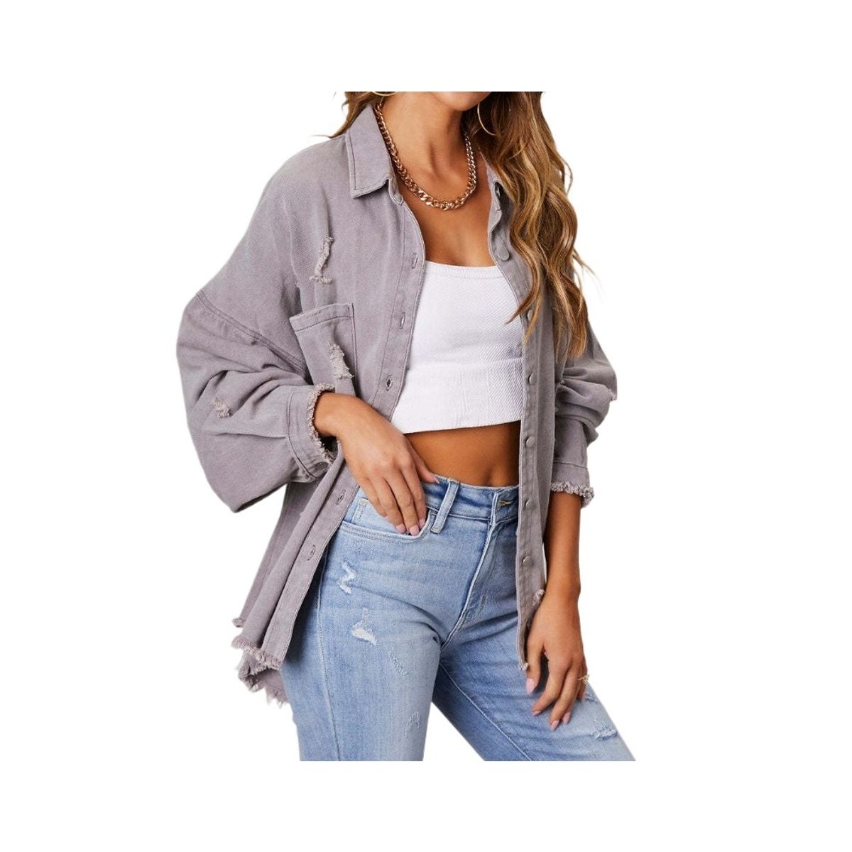 GIOIO - Chaqueta Denim Midi Rotos Deshilachado Urbana Mujer​