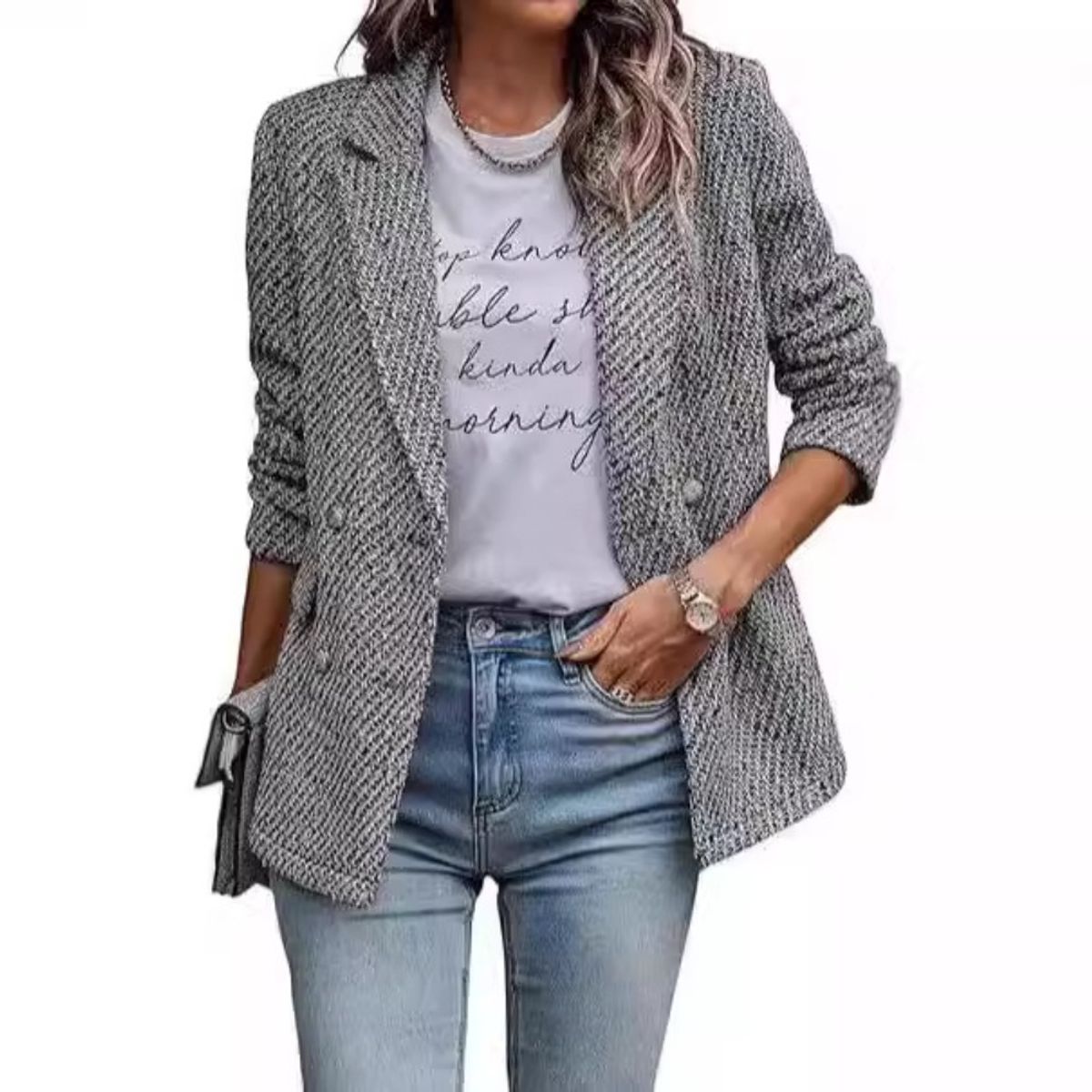 GIOIO - Saco Mujer Tweed Clásico Recortado Silueta Preciso Bolsillos