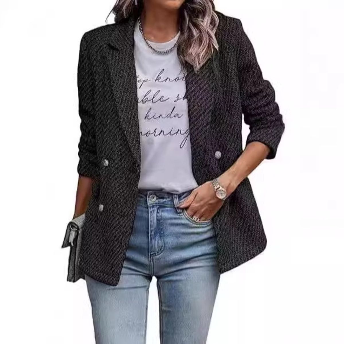GIOIO - Saco Mujer Tweed Clásico Recortado Silueta Preciso Bolsillos