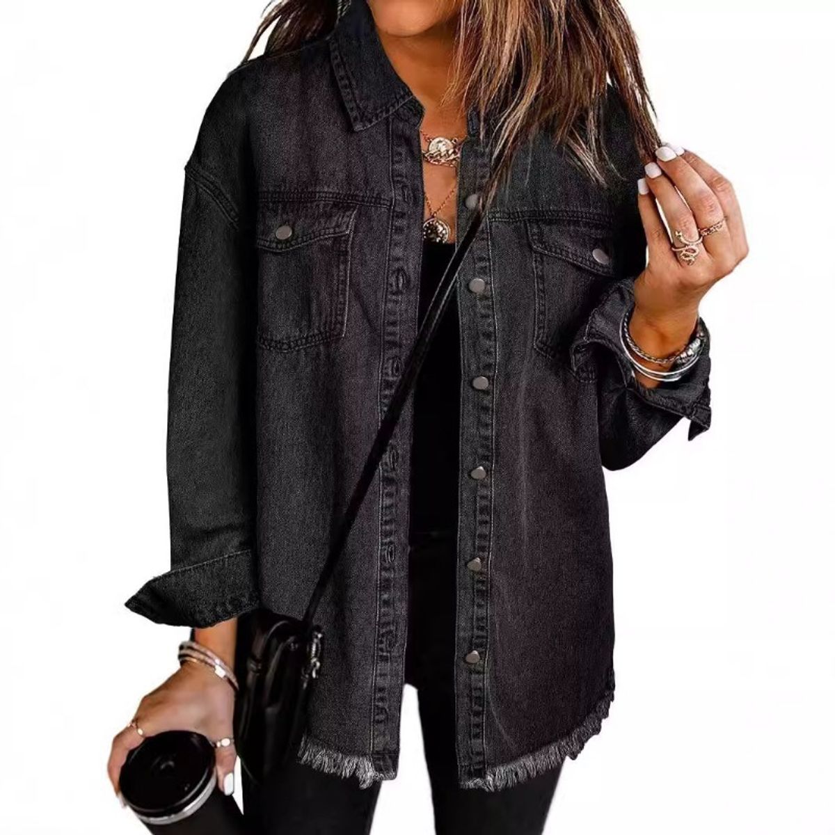 GIOIO - Chaqueta Camisa Mujer Desgastada Deshilachada Entallada Urbana Corta​