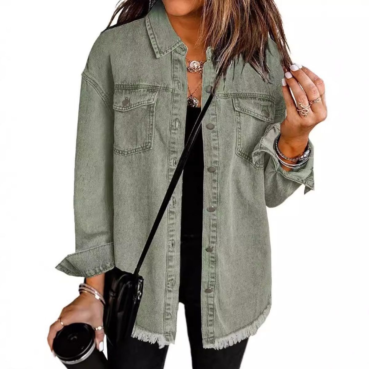 GIOIO - Chaqueta Camisa Mujer Desgastada Deshilachada Entallada Urbana Corta​