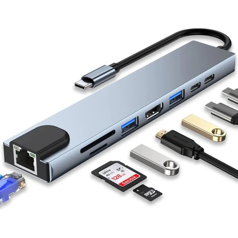 GIOIO - Adaptador Hub 8 En 1 Tipo C Hdmi Puerto Land Usb Mac Y Pc Sd