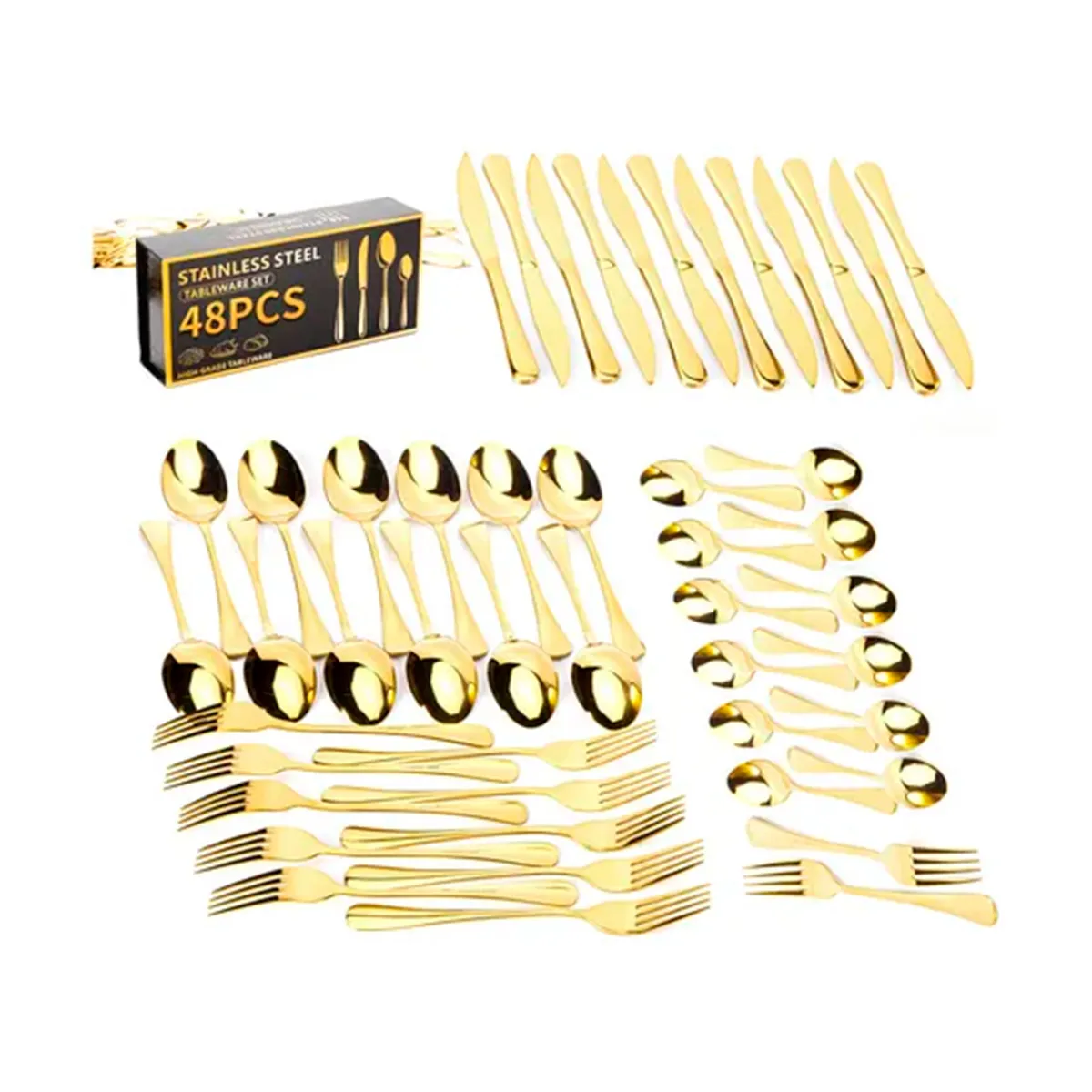 GENERICO - Set 48 Piezas Cubiertos Cuchillería Acero Inoxidable Dorado