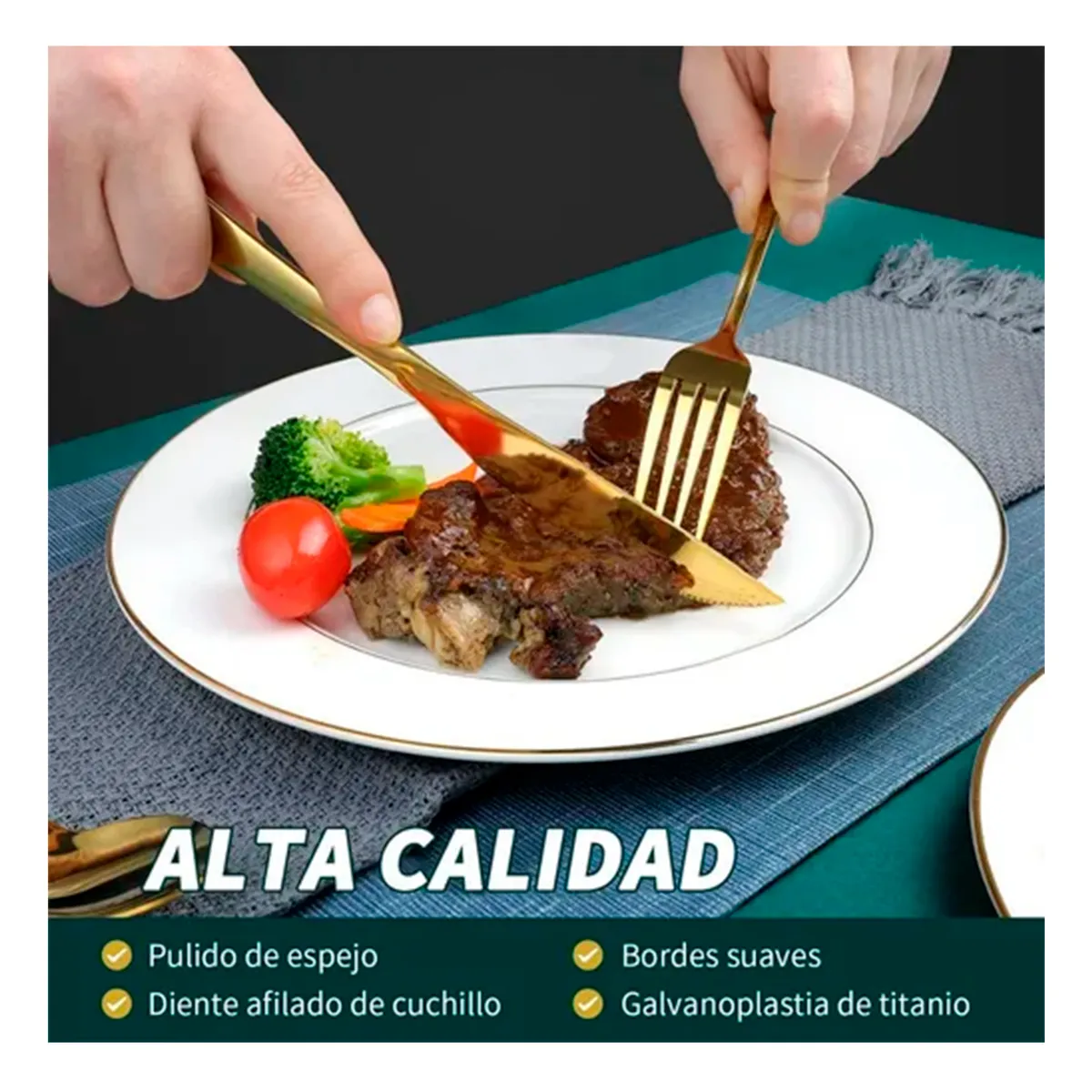 GENERICO - Set 48 Piezas Cubiertos Cuchillería Acero Inoxidable Dorado