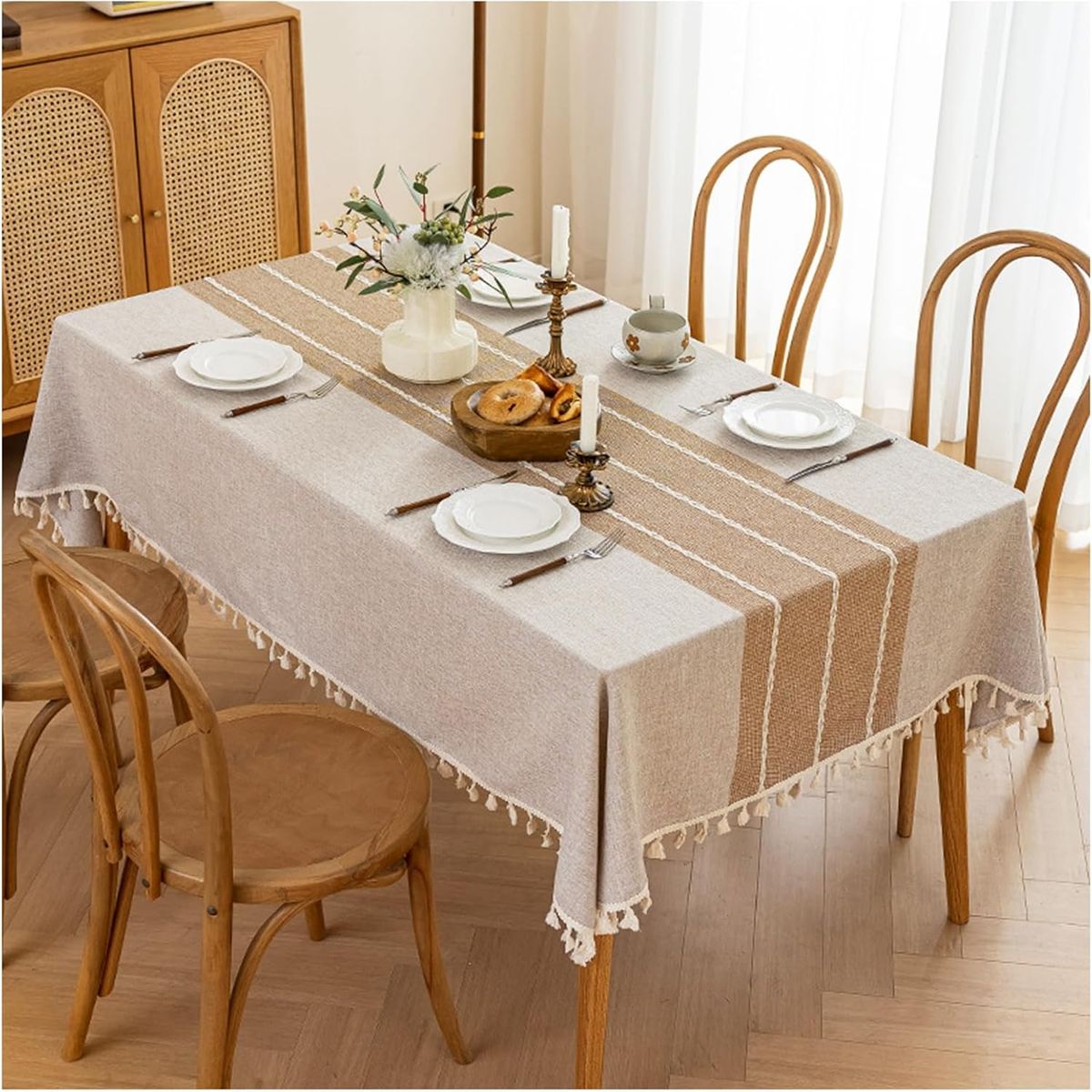 PUREPOWER - Mantel Rectangular Mantel De La Mesa Borla Algodón 140x220cm