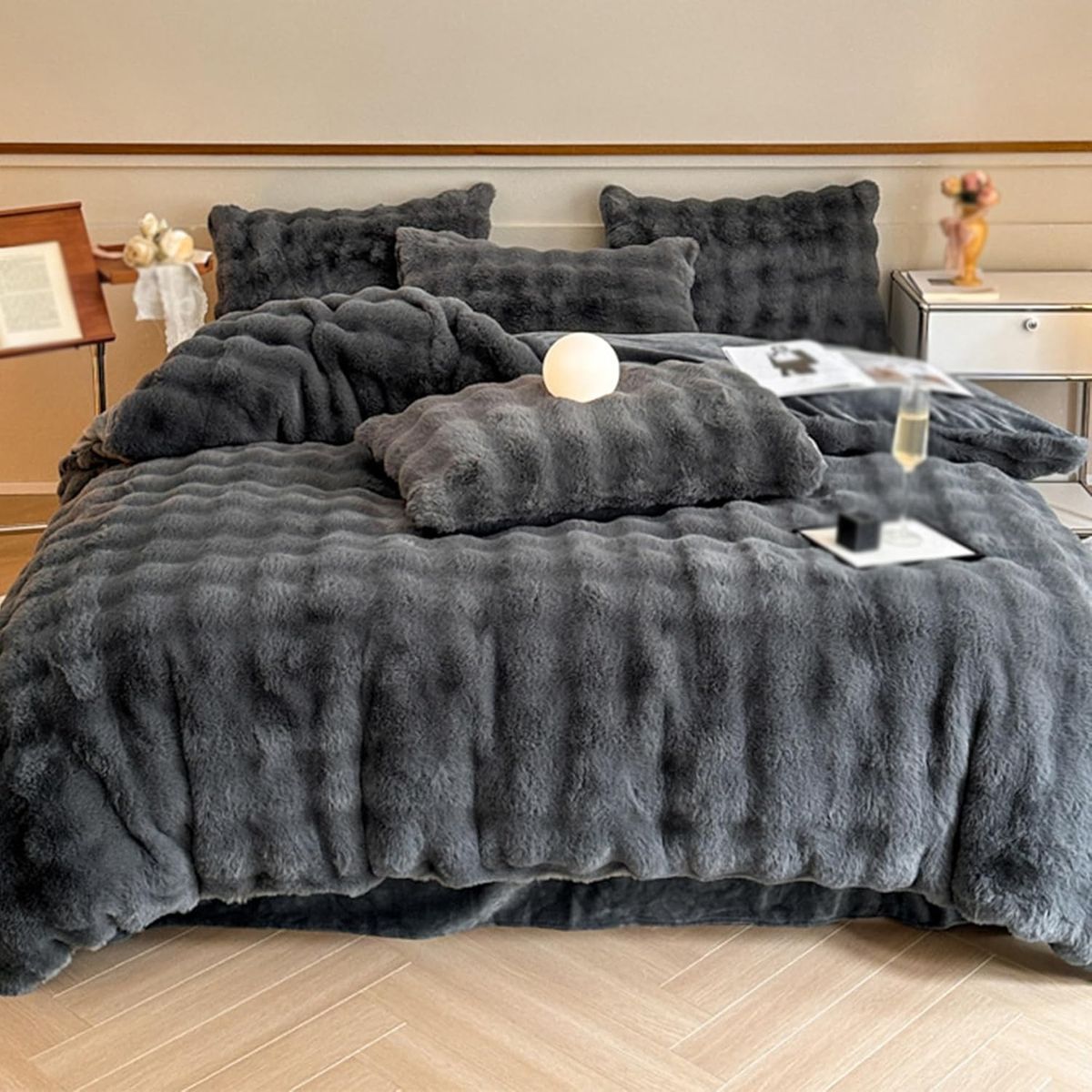 GENERICO - PLUMON IMITACION PIEL DE CONEJO CON CHIPORRO 2 PLAZA GRIS OSCURO TF