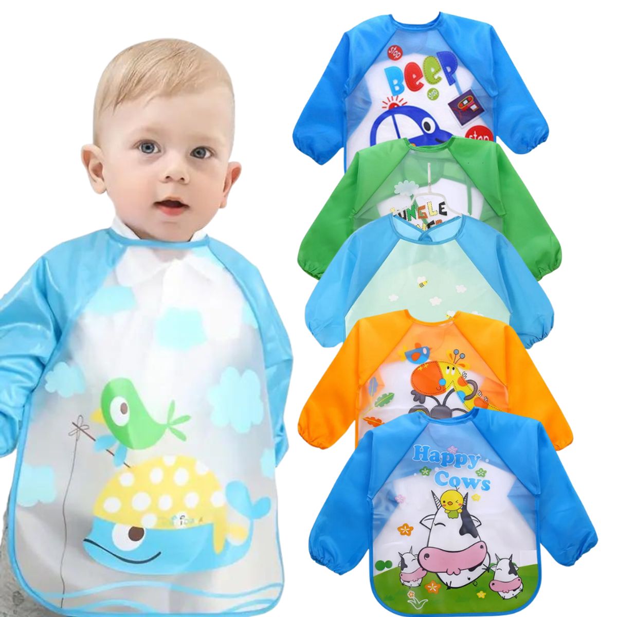 GARSIL - Pack 3 Baberos Manga Larga Impermeable Con Bolsillo Niña Niño Bebe