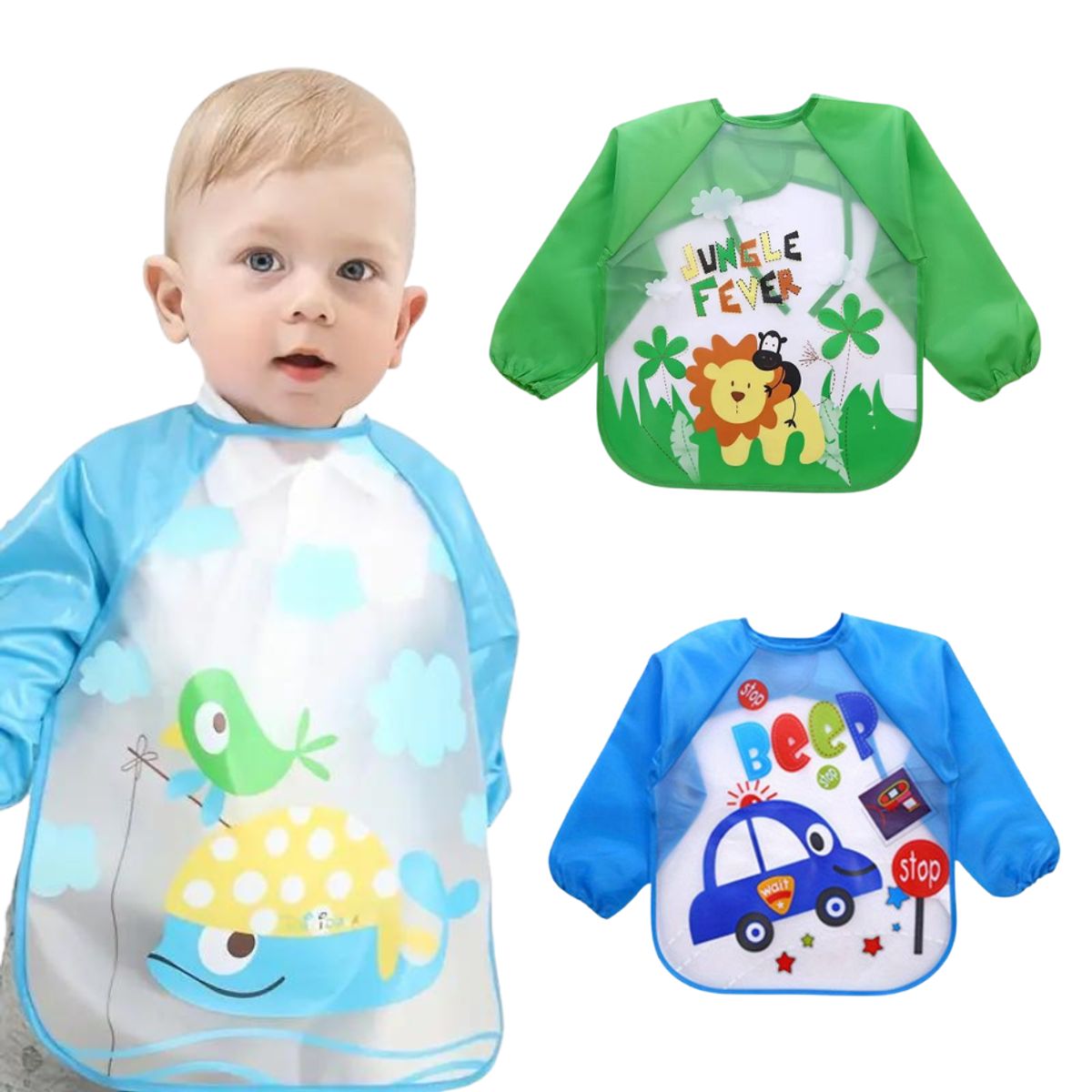 GARSIL - Pack 3 Baberos Manga Larga Impermeable Con Bolsillo Niña Niño Bebe