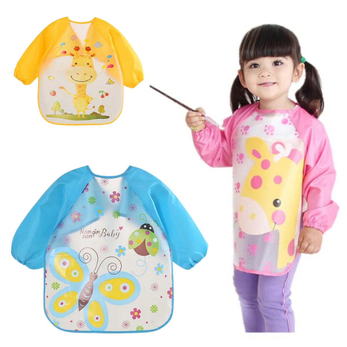 GARSIL - Pack 3 Baberos Manga Larga Impermeable Con Bolsillo Niña Niño Bebe