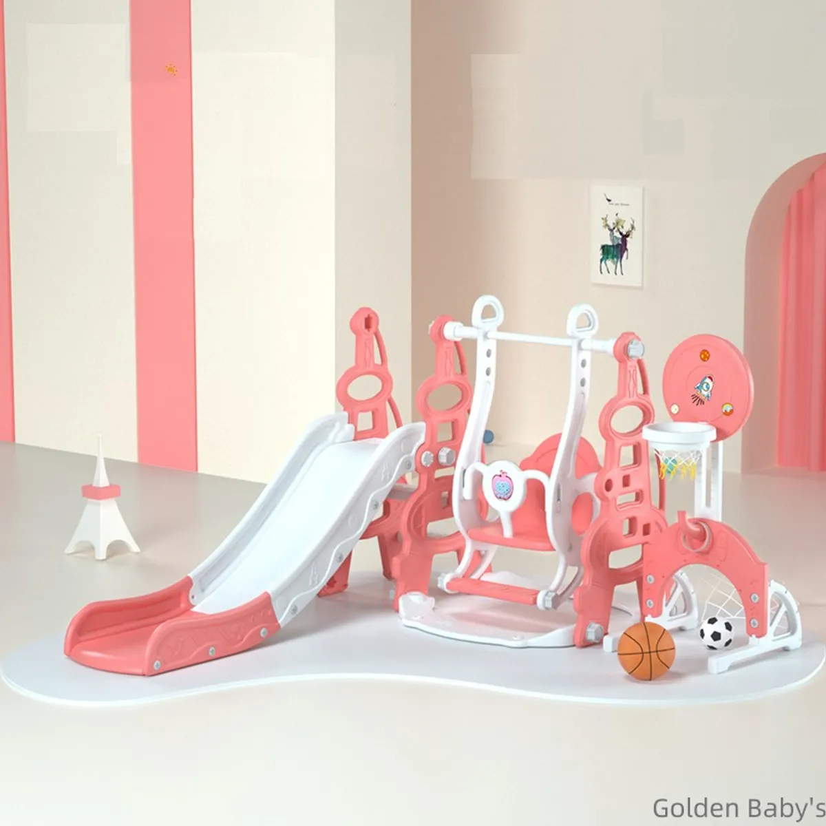 GOLDEN BABY'S - Juego Tobogan Infantil Resbalin Columpio Aro 5 En 1 Rojo