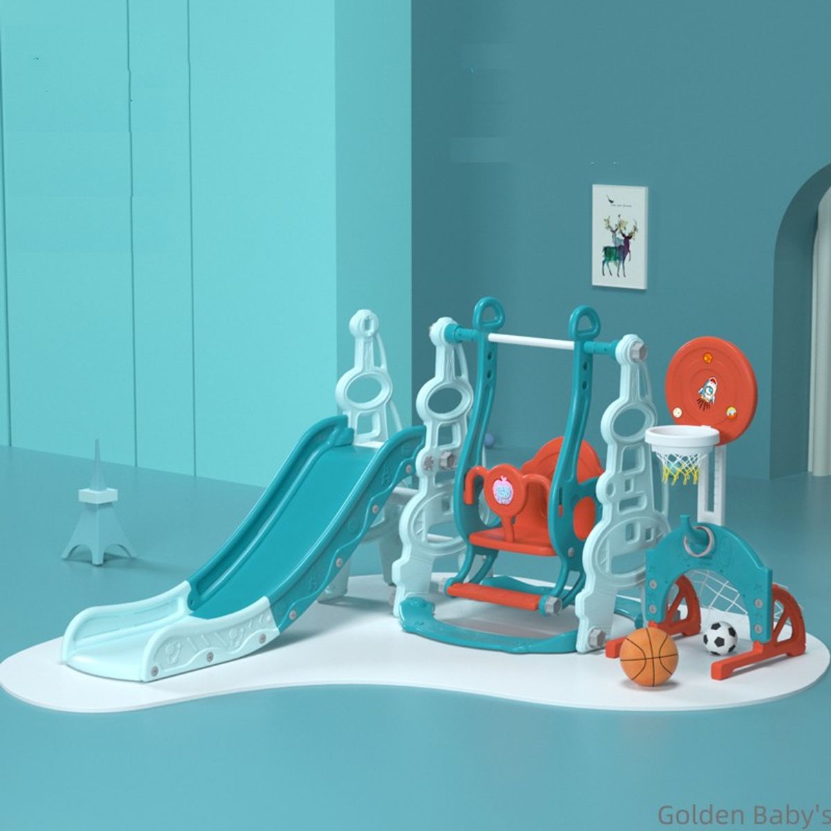 GOLDEN BABY'S - Juego Tobogan Infantil Resbalin Columpio Aro 5 En 1 Azul