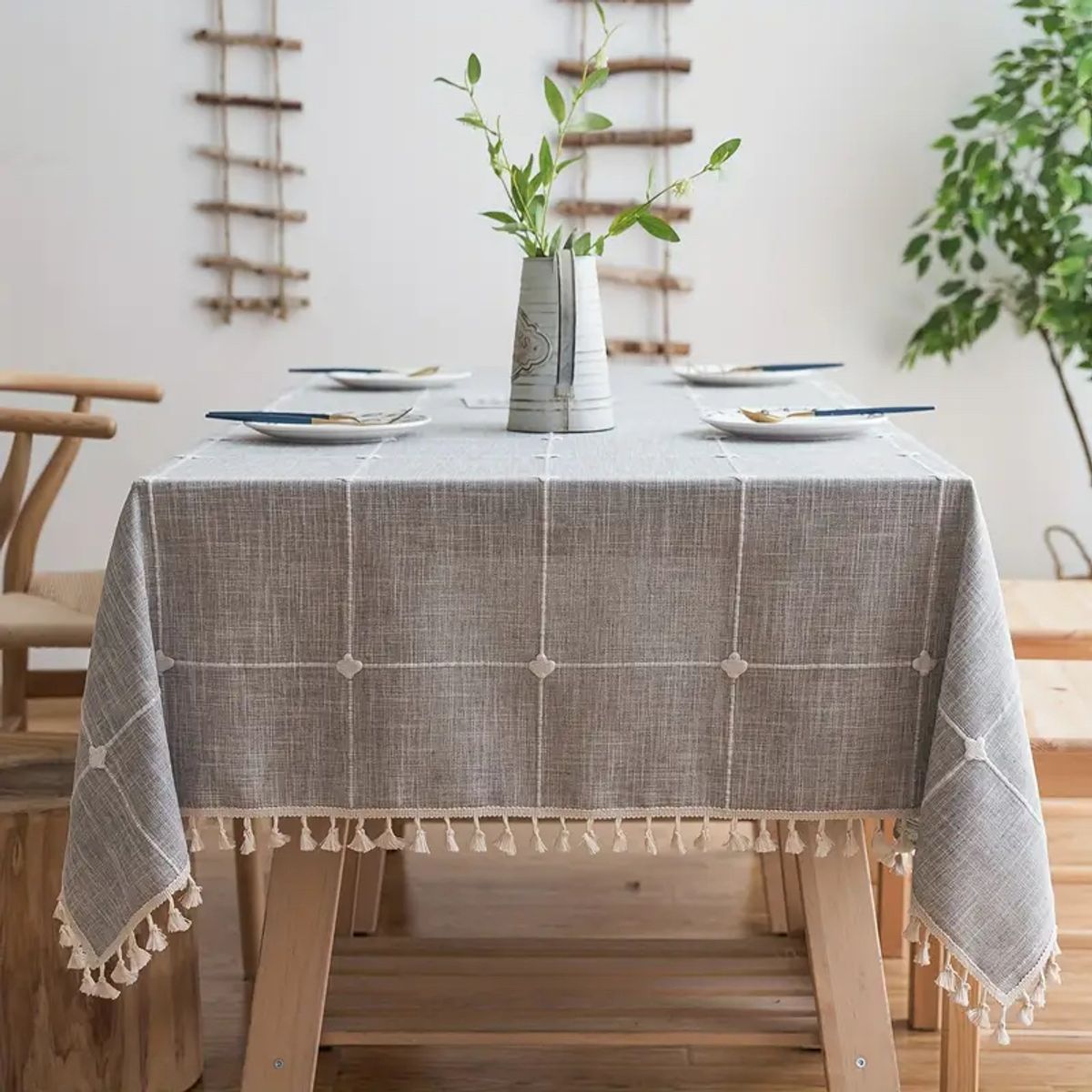 PUREPOWER - Mantel Rectangular Lino y Algodón 140x240cm con Flecos no Arruga-Gris