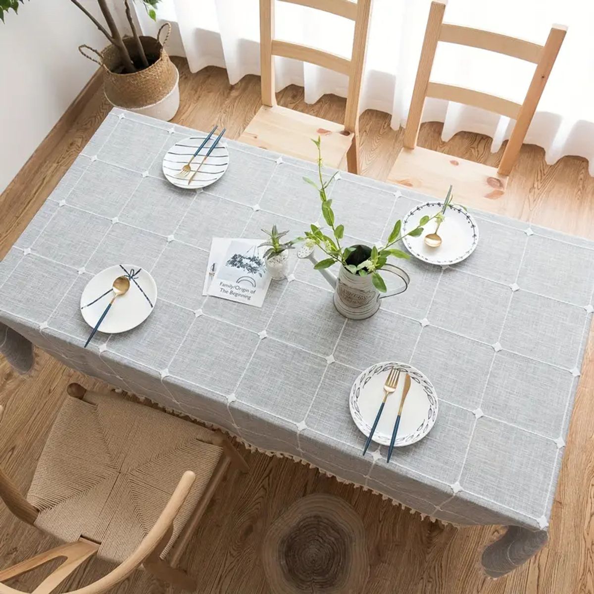 PUREPOWER - Mantel Rectangular Lino y Algodón 140x240cm con Flecos no Arruga-Gris