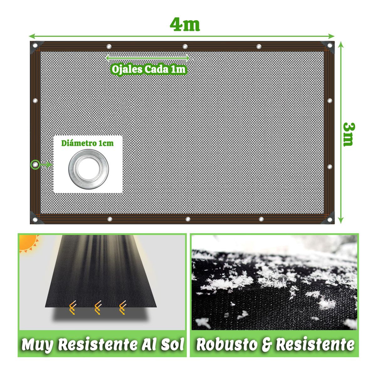 GENERICO - 95% Tela De Sombra Malla Sombreadora 3x4m Con Ojales