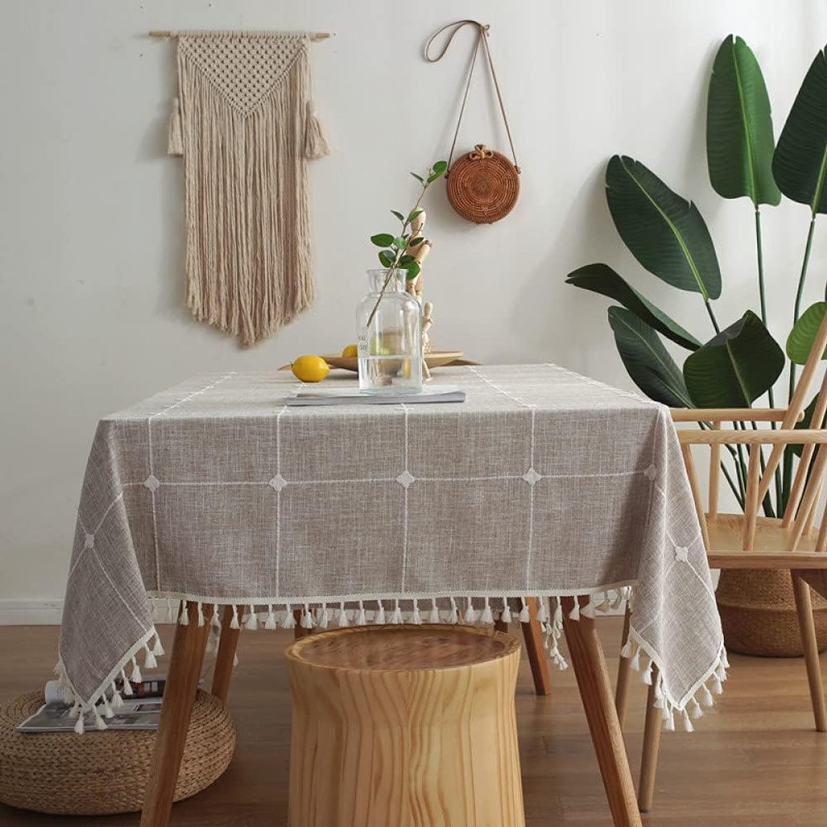 PUREPOWER - Mantel Rectangular Lino y Algodón 140x300cm con Flecos no Arruga-Café