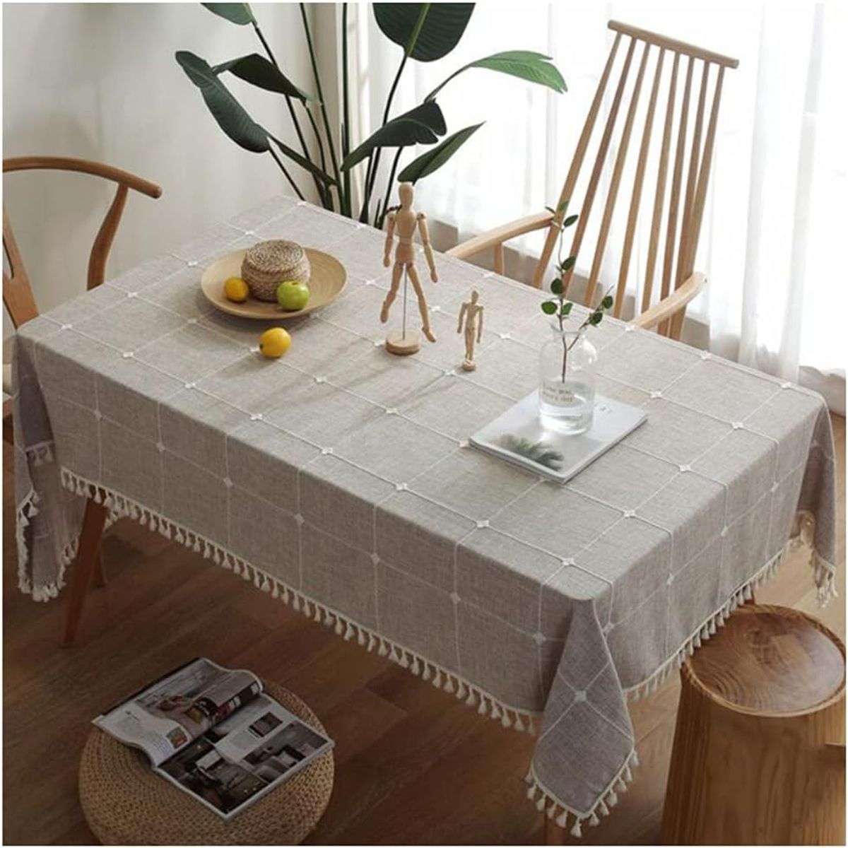 PUREPOWER - Mantel Rectangular Lino y Algodón 140x300cm con Flecos no Arruga-Café