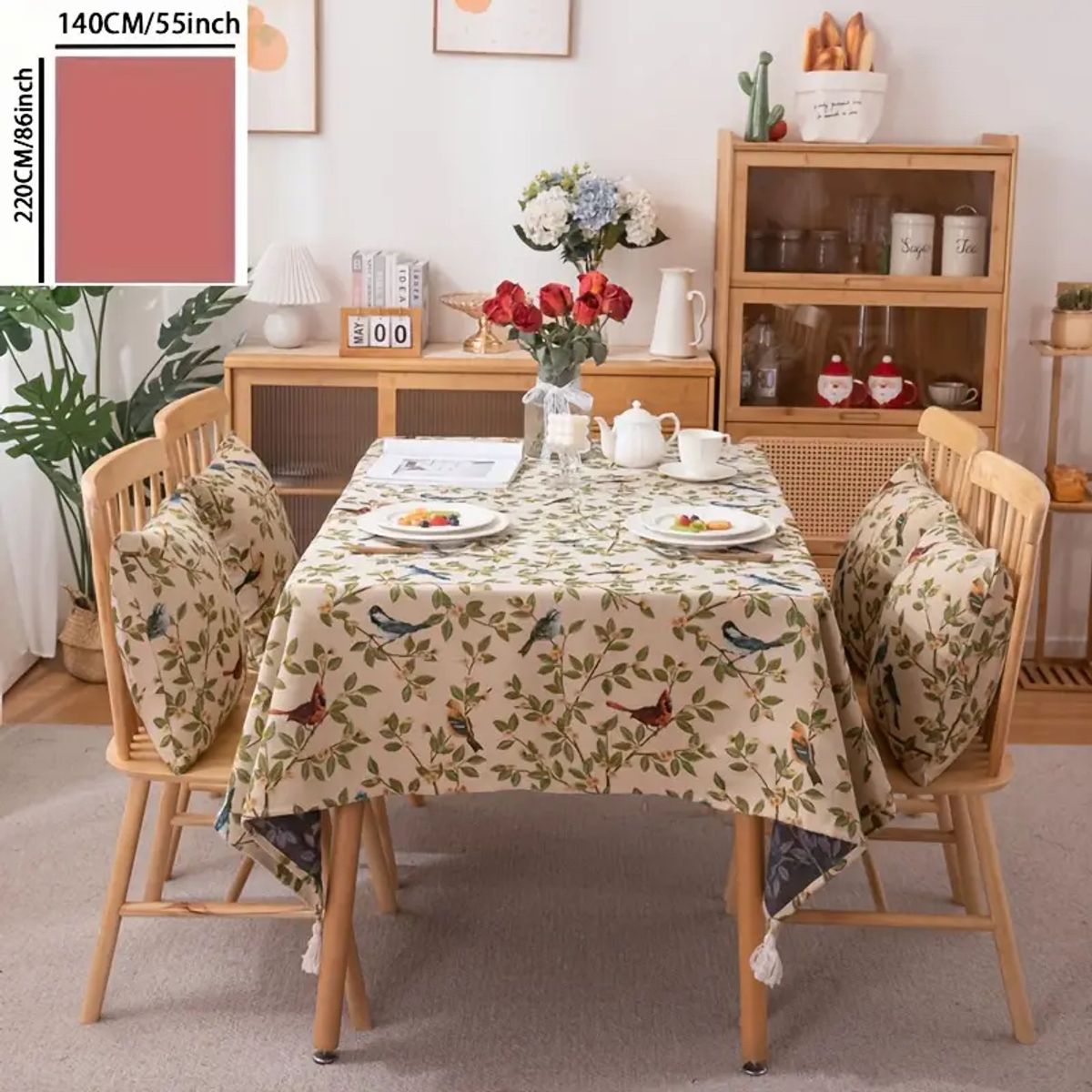 PUREPOWER - Mantel Rectangular Flores  Aves Jacquard 140x220cm con Flecos