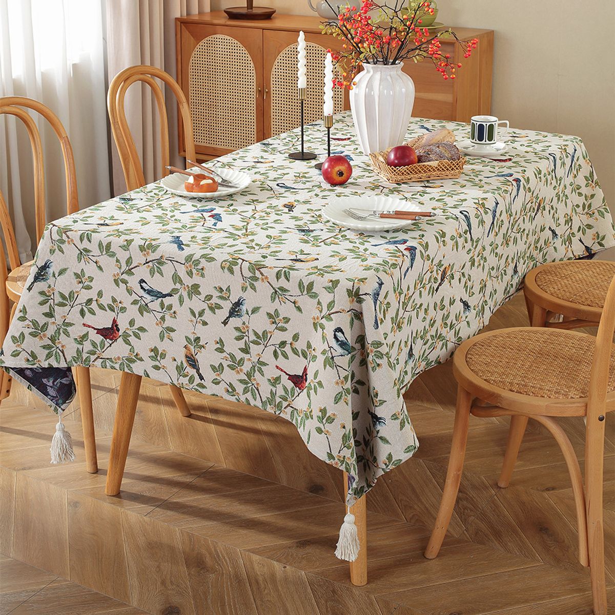 PUREPOWER - Mantel Rectangular Flores  Aves Jacquard 140x240cm con Flecos