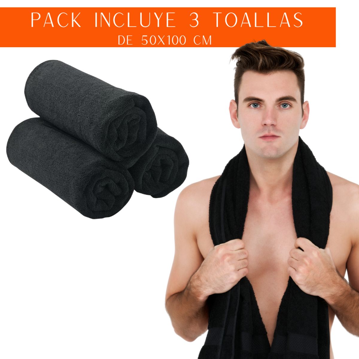GARSIL - Pack 3 Toalla Negra de microfibra para Hotel Barberia Spa Gym 50x100 Cm