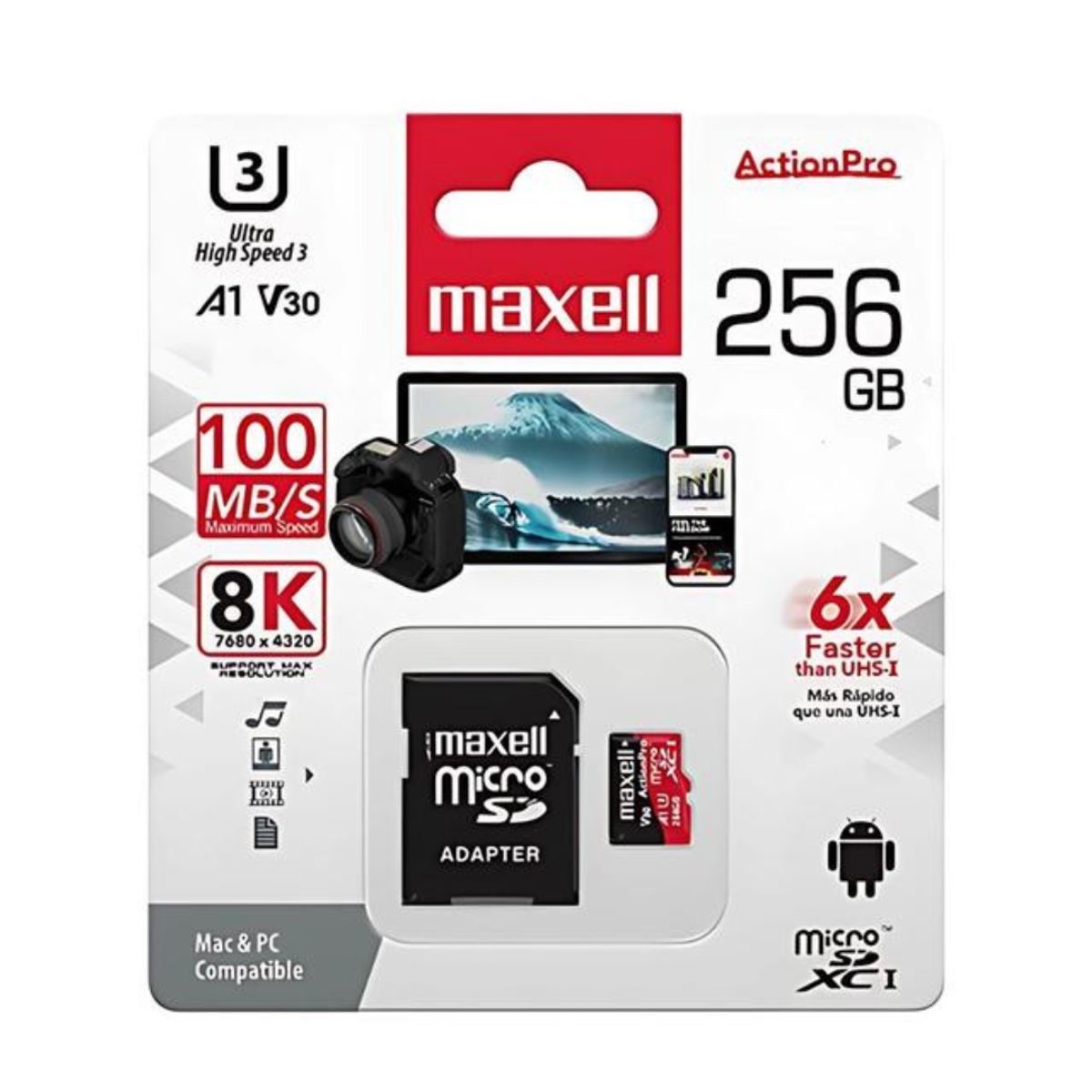 MAXELL - MEMORIA MICRO SD MAXELL 8K 100MBS 256GB A1 V30 MCSD-256U3